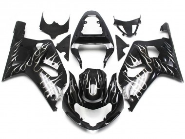 Black and White Gloss Flame 01-03 GSXR 600-750 Fairings