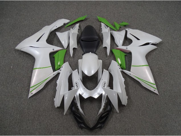 Pearl White and Green 11-24 GSXR 600-750 Fairings